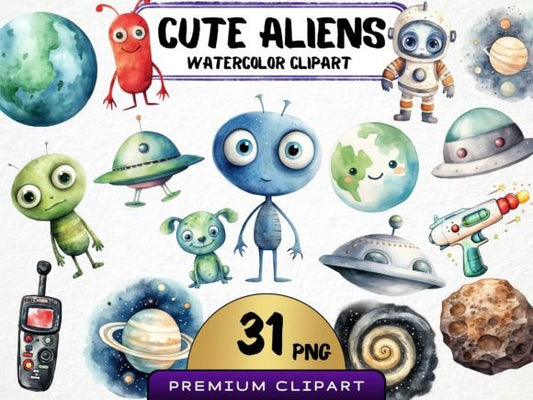 Cute Watercolor Aliens Bundle