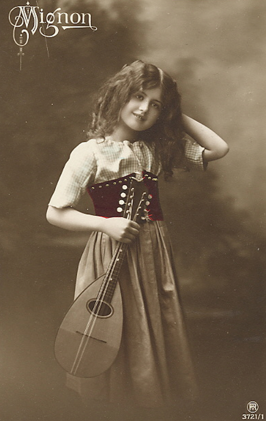 Teenage Gypsy Girl holding her Mandolin Vintage Photo
