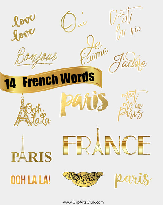 14 Separate Gold & 14 White Shadowed Gold Foil French Words
