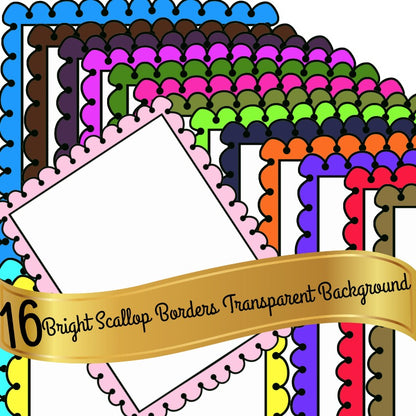 16 Bright Colors - Borders Scallop Edges - Transparent Backgrounds PNG Images