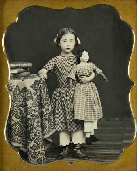 Framed Child & Doll  1800s Vintage Photo