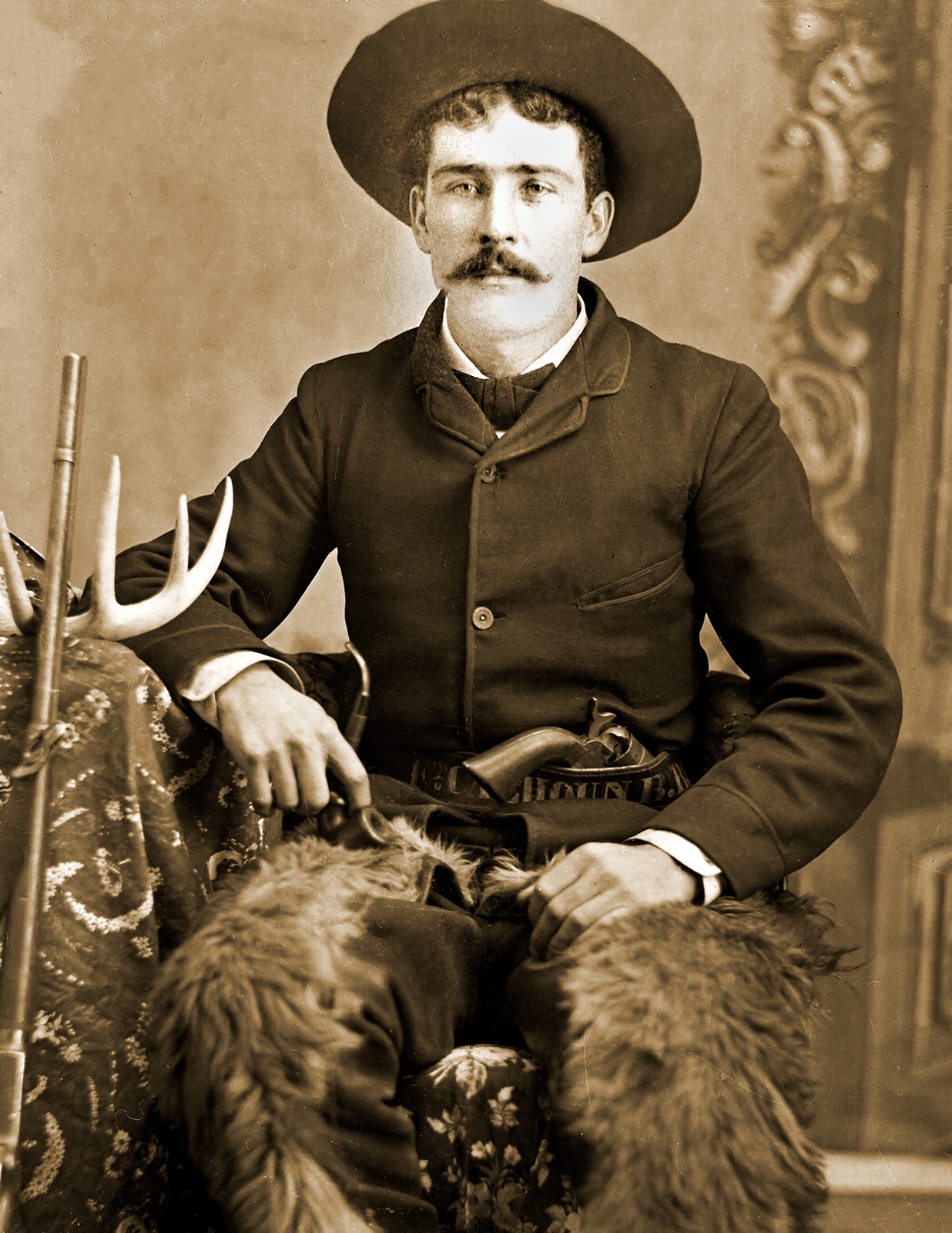1885 Cowboy vintage photo gun, mustache and buffalo chaps