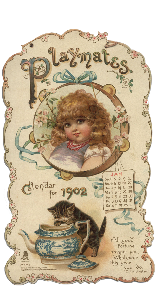 1902 January Little girl, Kitten and Tea Vintage Calendar Ephemera