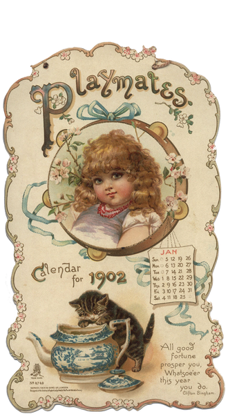 1902 January Little girl, Kitten and Tea Vintage Calendar Ephemera