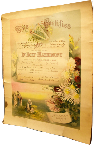 1909 Beautiful Matrimony Marriage Certificate Ephemera