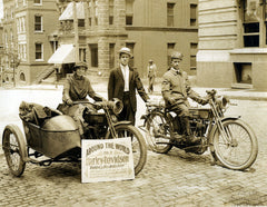 Woman Travels on a 1915 Harley Davidson Motorcycle  and Side Car vintage photo