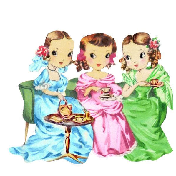 Three Ladies Having High Tea all dressed in their beautiful gowns