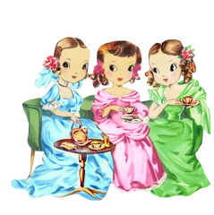 Three Ladies Having High Tea all dressed in their beautiful gowns