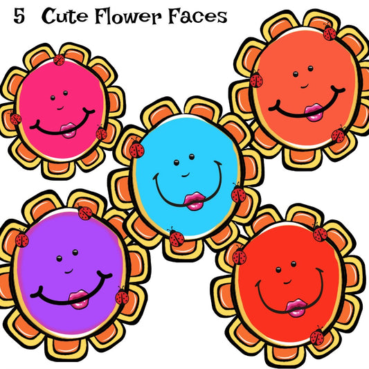 5 Orange Petal Cartoon Flower Faces with Little Lady Bugs 5 different images & Colors - Bundle