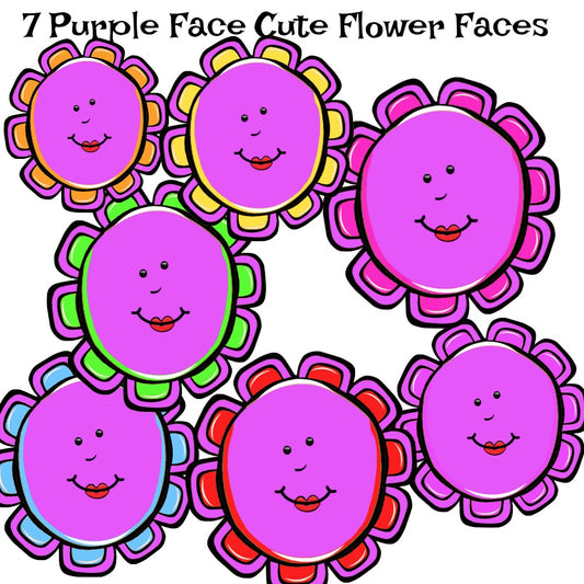 7 Purple Face Cute Cartoon Flower Faces 7 different Images