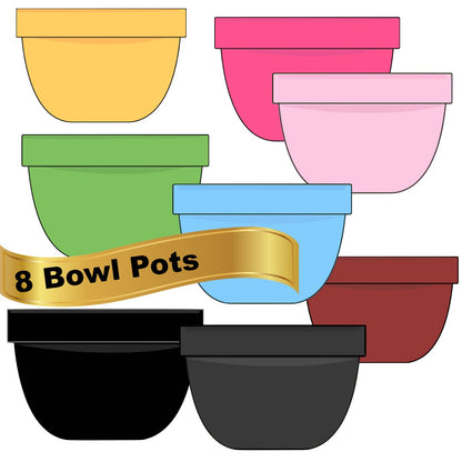 8 Bowl Type Pots in Various Colors - 8 Separate Images
