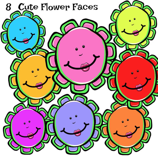 8 Green Petal Cute Cartoon Flower Faces 8 different Colorful Images