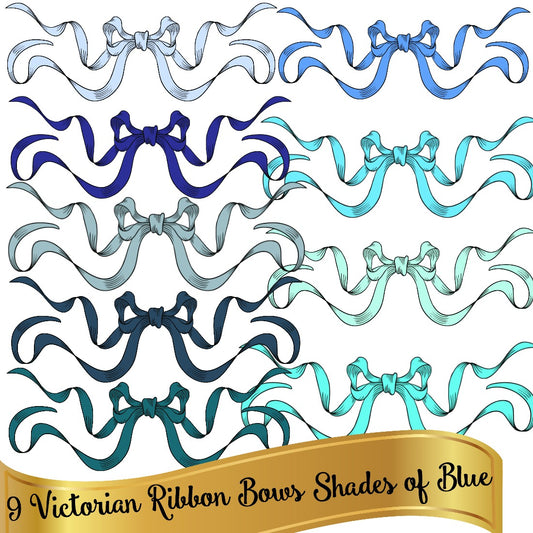 Beautiful Victorian Ribbon Bows 9 Blue Bows - 9 Image Bundle