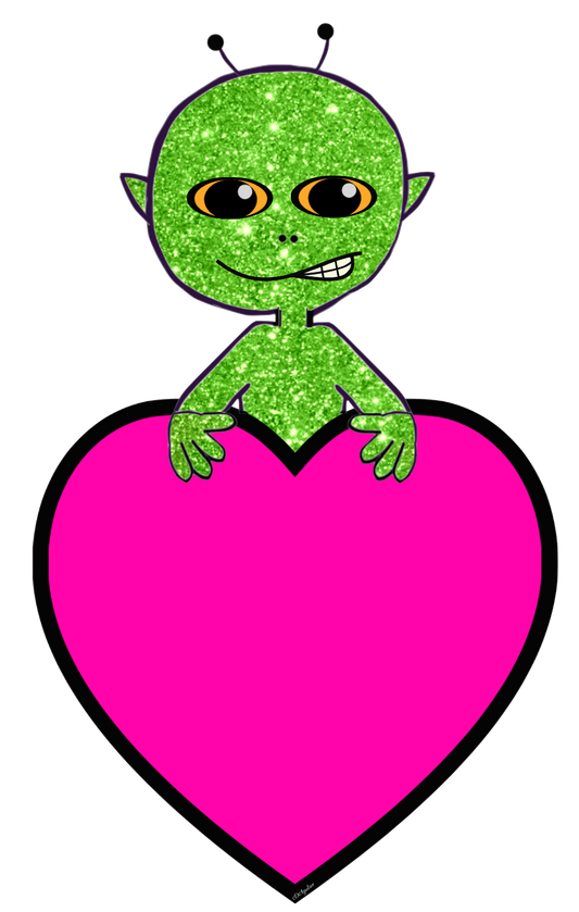 Alien #2 Holding a Big Heart Sign with a cute smirk on it's face can be Personalized - PINK