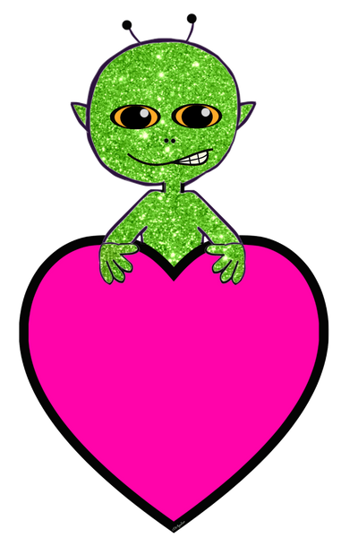Alien #2 Holding a Big Heart Sign with a cute smirk on it's face can be Personalized - PINK