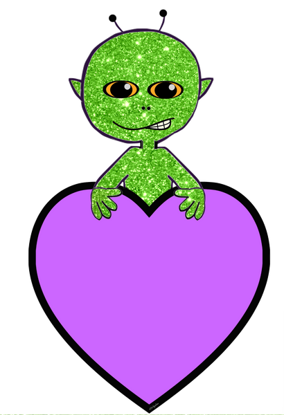 Alien #2 Holding a Big Heart Sign with a cute smirk on it's face can be Personalized - PURPLE