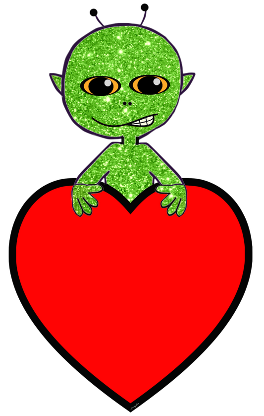 Alien #2 Holding a Big Heart Sign with a cute smirk on it's face can be Personalized - RED