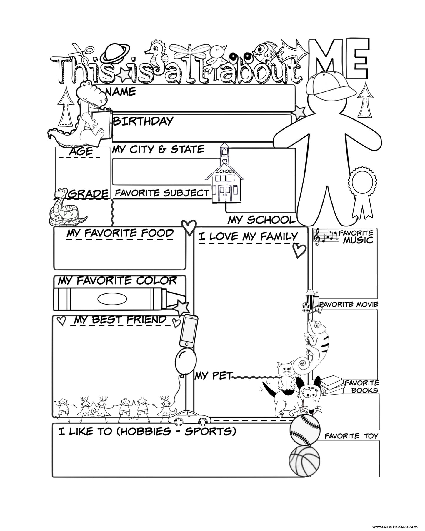All About Me Boys Coloring Page - Craft - Gift -8x10 Frame Ready