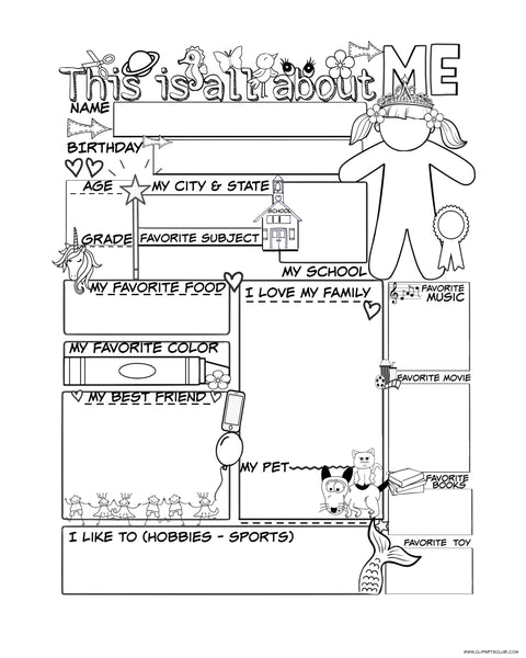 All About Me Girls Coloring Page - Craft - Gift -8x10 Frame Ready