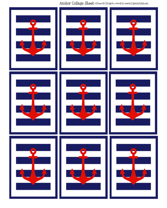 Anchor Cards Collage Sheet Navy, Red, White Nautical Summer Yacht Party Printable