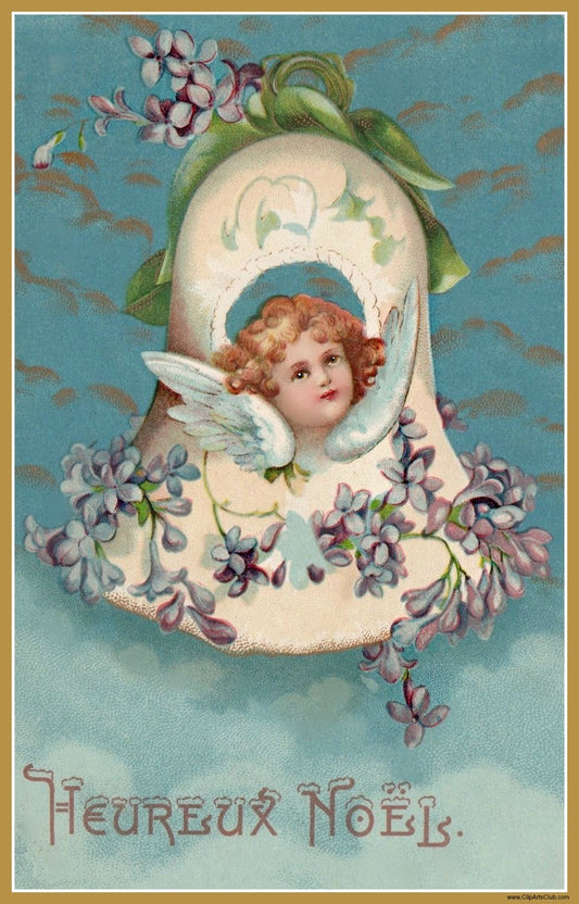 Vintage Bell Angel With Violets - Vintage Postcard Noels
