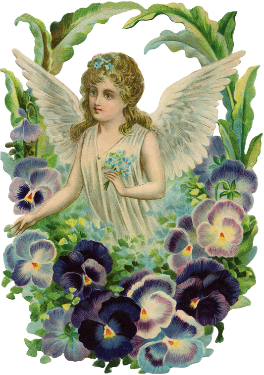 Vintage Garden Angel Clip Art - Large with Pansy flowers & forget me nots