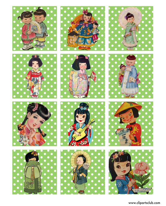 Cute Vintage Asian Girls Collage Sheet - Green Polkadots