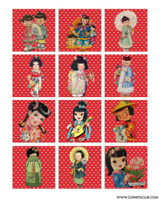 Cute Vintage Asian Girls Collage Sheet - Red Polkadots