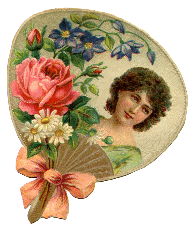 Antique Victorian Fan  - Lady, Rose & Flowers