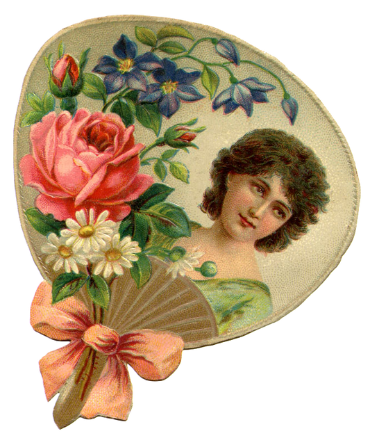 Antique Victorian Fan  - Lady, Rose & Flowers