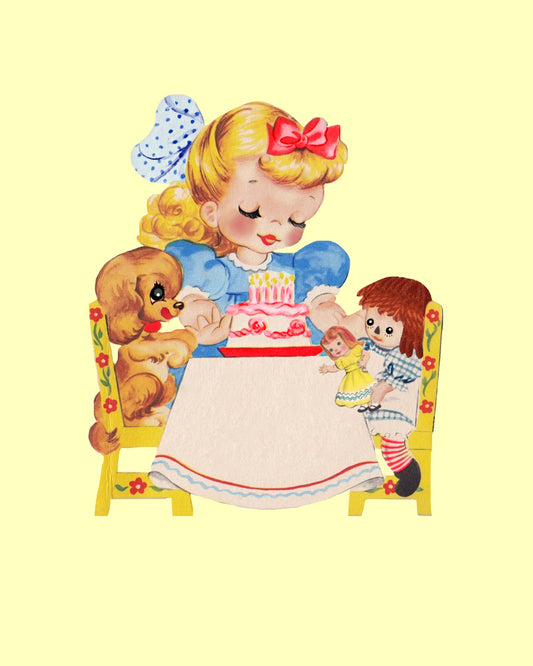 Birthday Party Girl 8x10 (frame) 8.5x11 Print Ready to Personalize & Frame Yellow Background