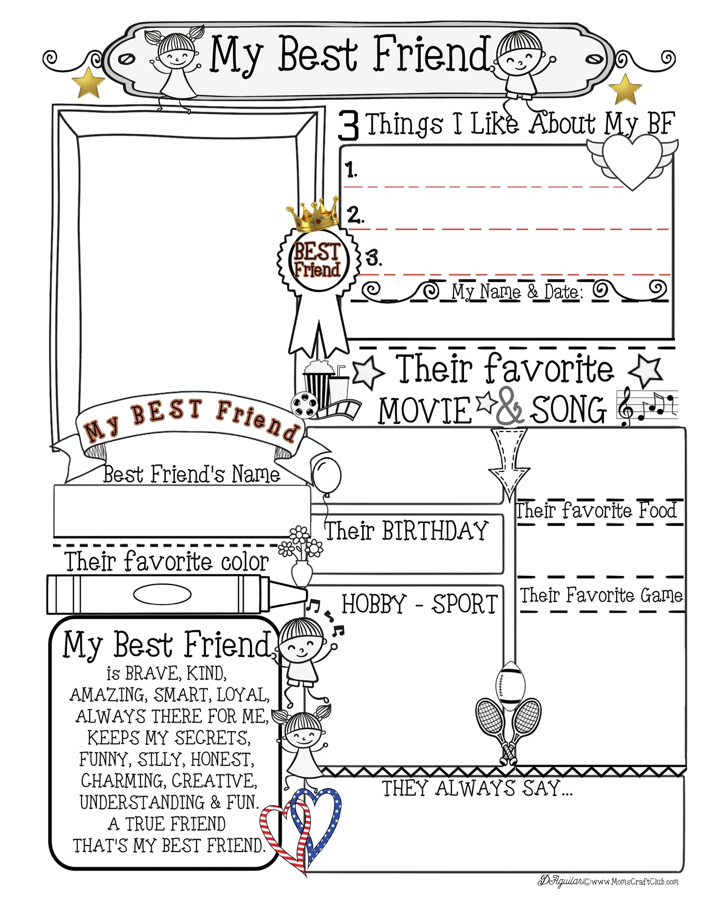 My Best Friend Coloring Page - Craft - Gift -8x10 Frame Ready