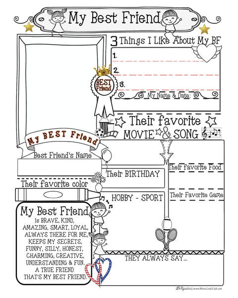 My Best Friend Coloring Page - Craft - Gift -8x10 Frame Ready