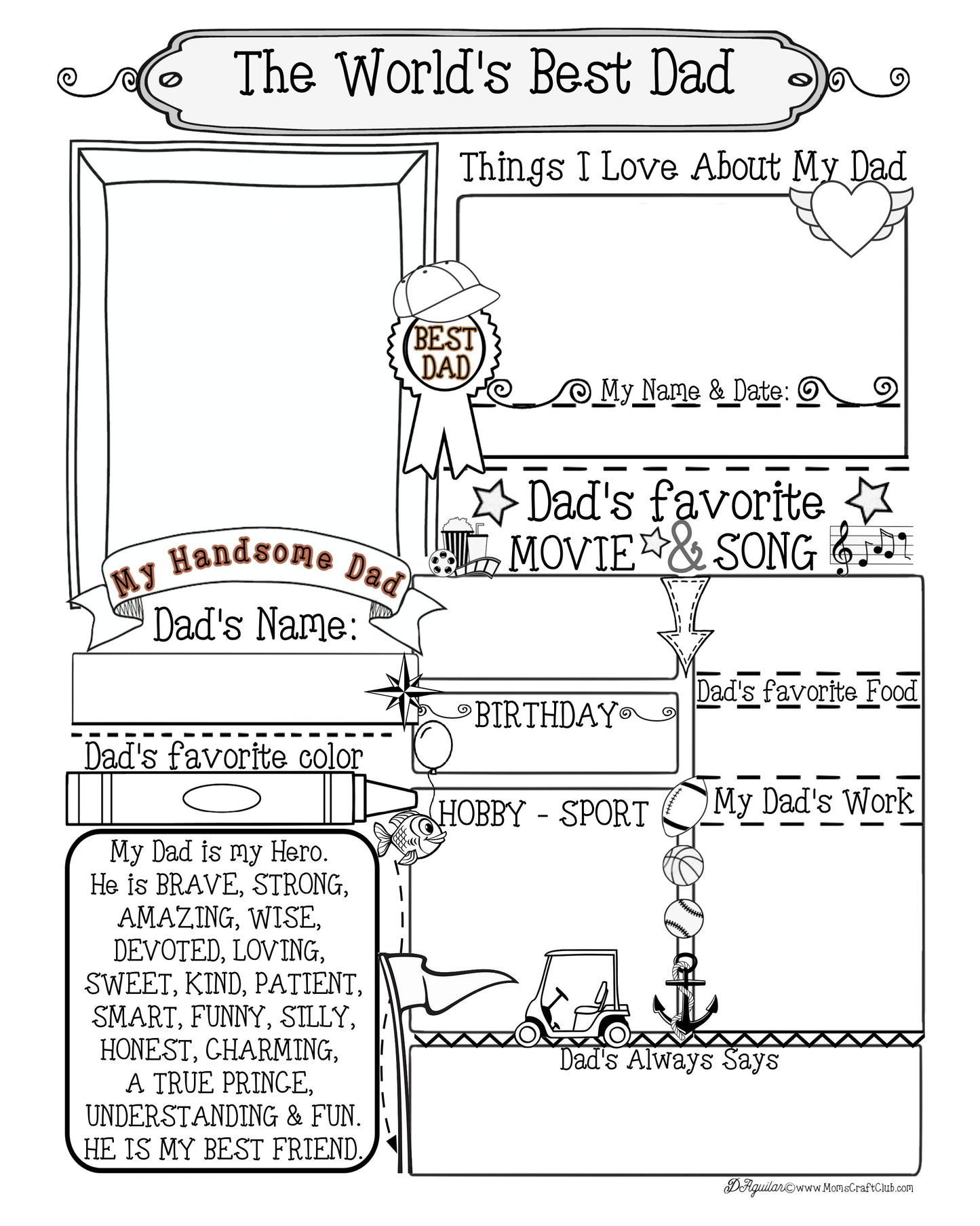 Best Dad - All About My Dad Coloring Page - Craft - Gift -8x10 Frame Ready