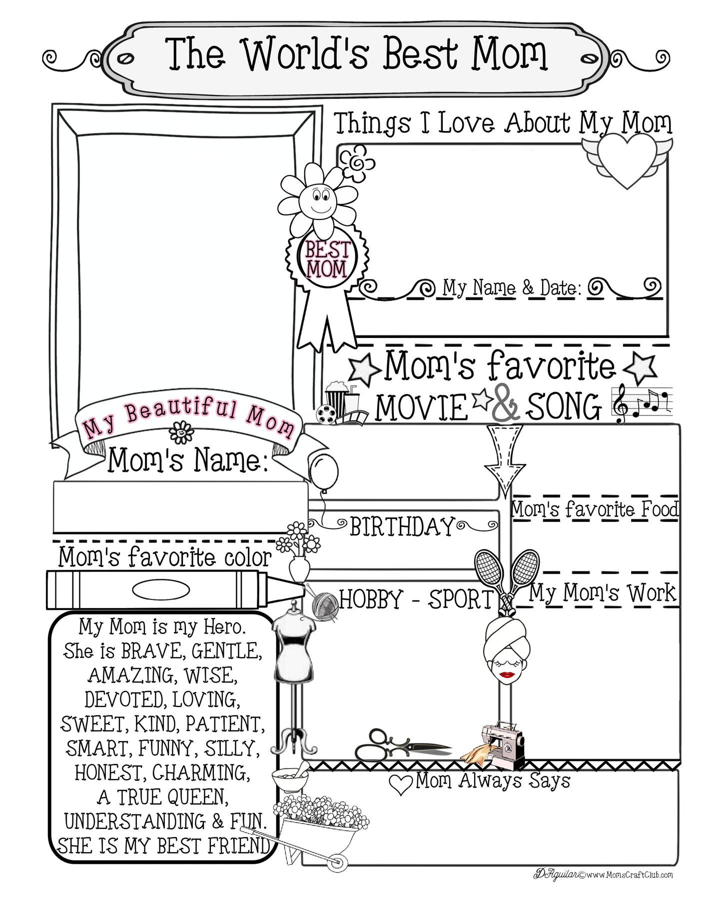 Best Mom - All About My Mom Coloring Page - Craft - Gift -8x10 Frame Ready