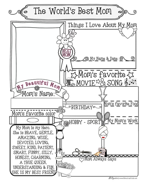 Best Mom - All About My Mom Coloring Page - Craft - Gift -8x10 Frame Ready