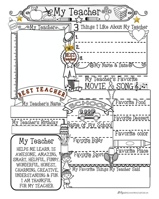 Best Teacher  - All About My Teacher Craft & Coloring Page