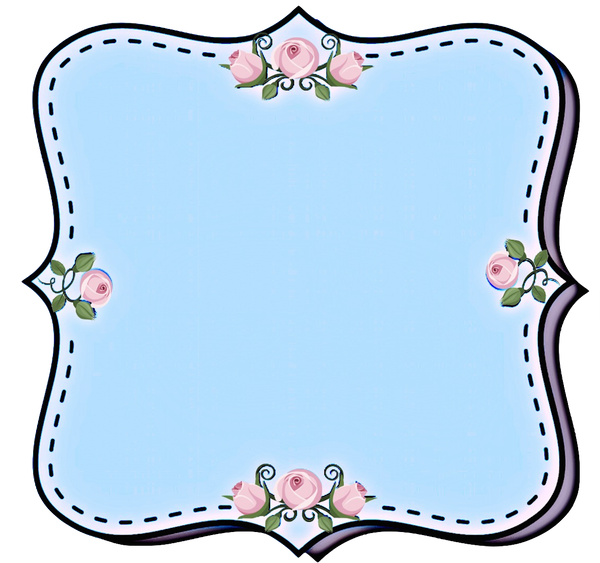 Beautiful Blue Label Set with little pink roses & stitched outline