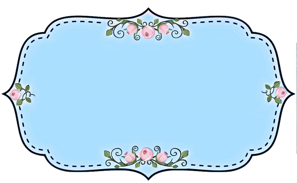 Beautiful Blue Label Set with little pink roses & stitched outline
