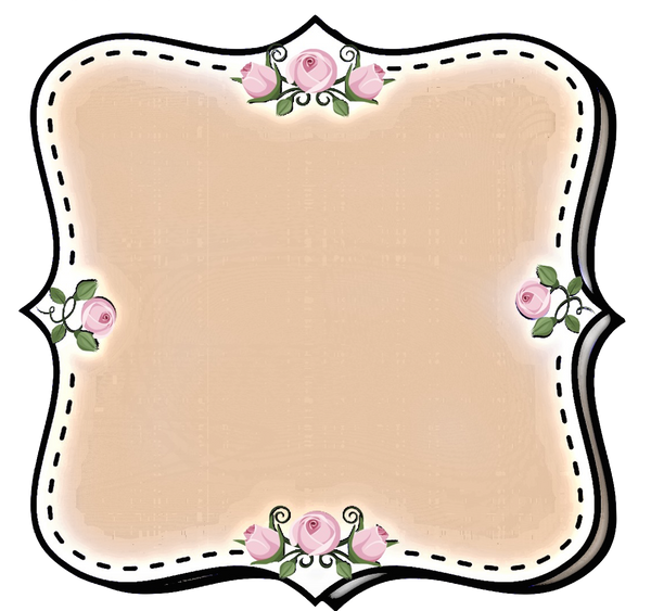 Beautiful Brown Beige Label Set with little pink roses & stitched outline