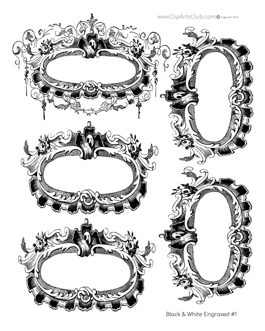 Black & White Engraved Rococo Ornate Frames  #1 Printable Collage Sheet