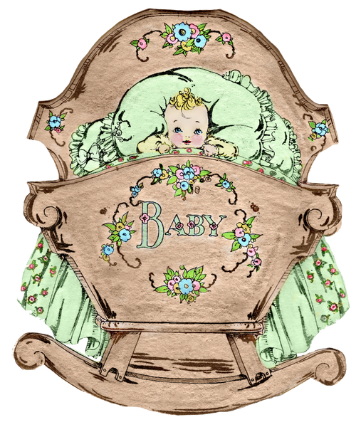 Vintage Baby and Rocking Cradle Bassinet - Wooden Cradle - Blonde Baby - Green
