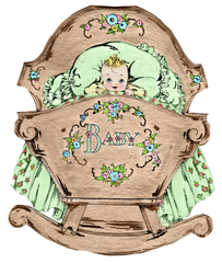 Vintage Baby and Rocking Cradle Bassinet - Wooden Cradle - Blonde Baby - Green