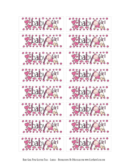 Baby Girl Tags - Labels Pink Glitter Printable Collage Sheet - Baby Shower