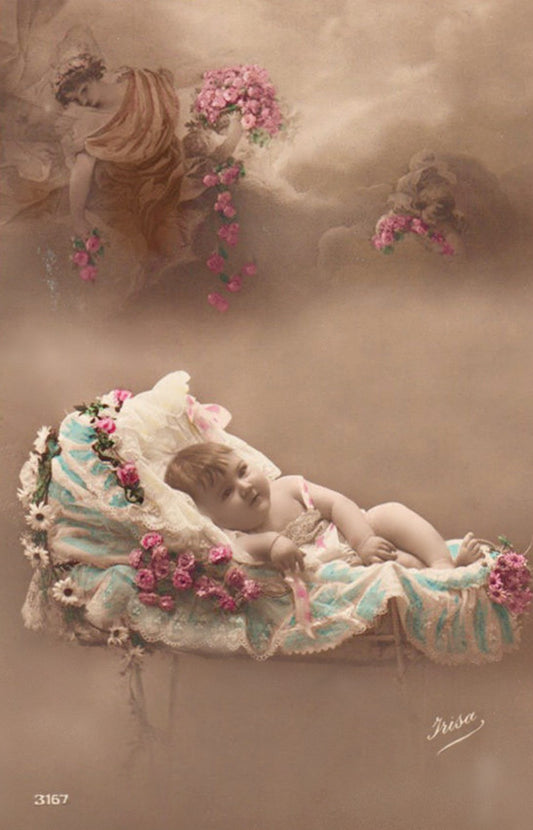 Antique Baby Photo Angel Dropping Roses On a Newborn Baby in Her Cradle