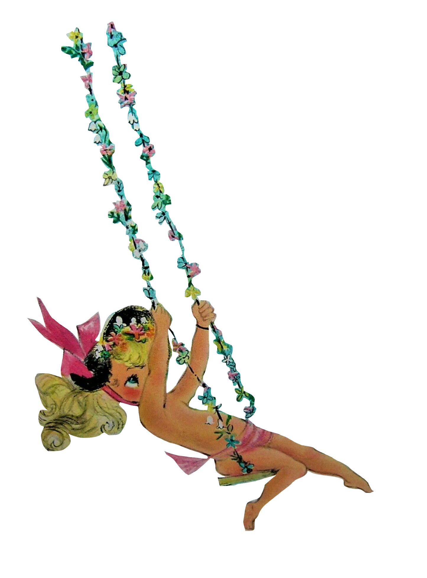 Baby Girl Swinging - Vintage adorable blonde girl swinging on flower vine swing clip art