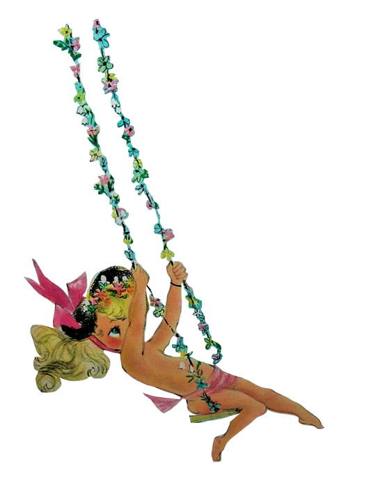 Baby Girl Swinging - Vintage adorable blonde girl swinging on flower vine swing clip art