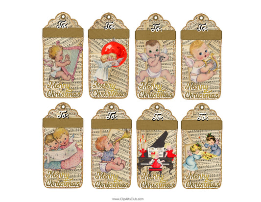 Adorable Baby Angels Play Musical Instruments with Music Sheet Background Christmas Tags