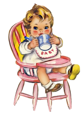 Vintage Baby Boy in High Chair with Blonde hair & Blue Eyes