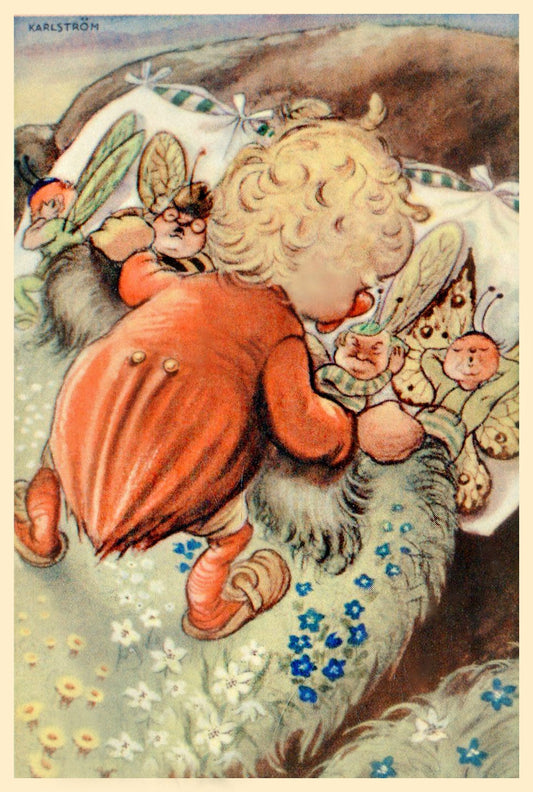Adorable Baby Sleeping with cute bugs - Vintage Postcard - Human Bug Baby
